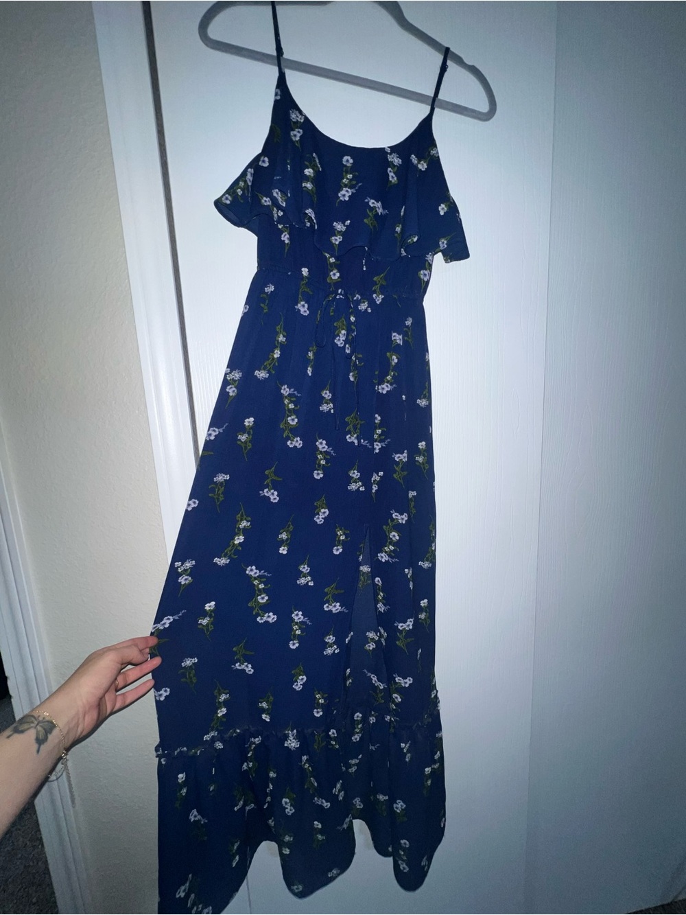 Navy Floral Ruffle Spaghetti-Strap Maxi Dress
